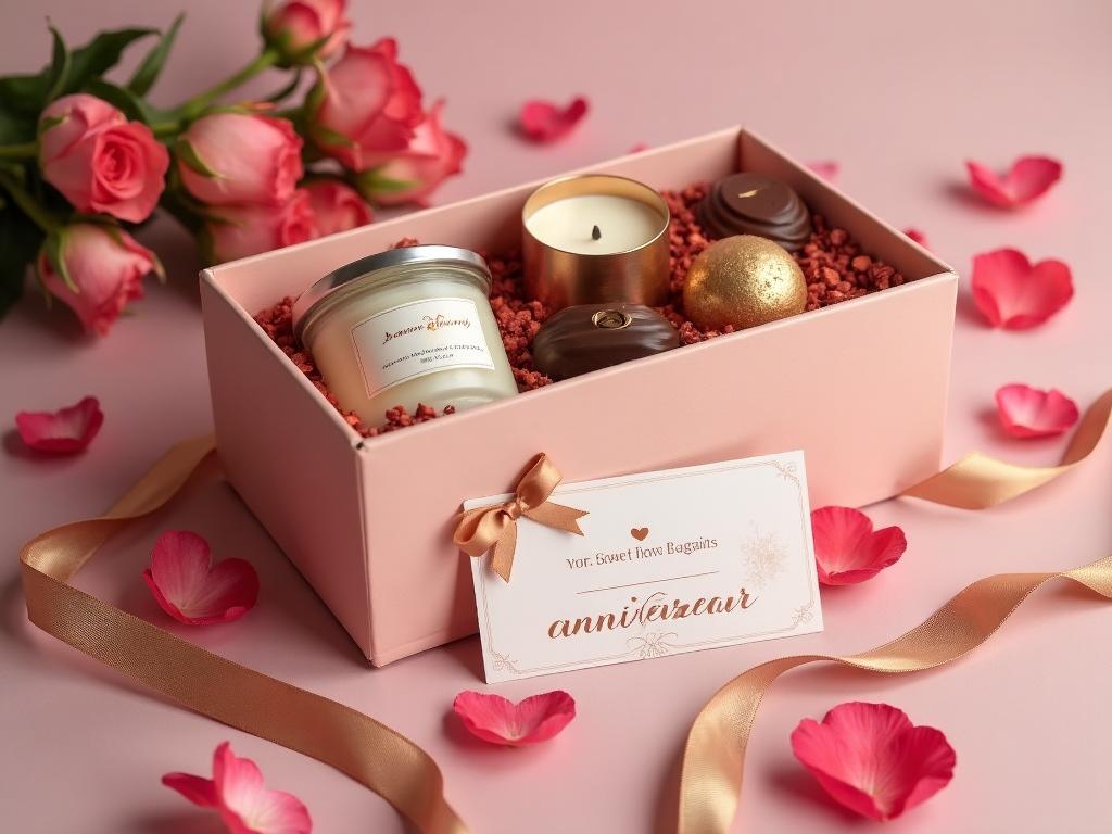 A romantic anniversary gift box with roses, candles, and chocolates