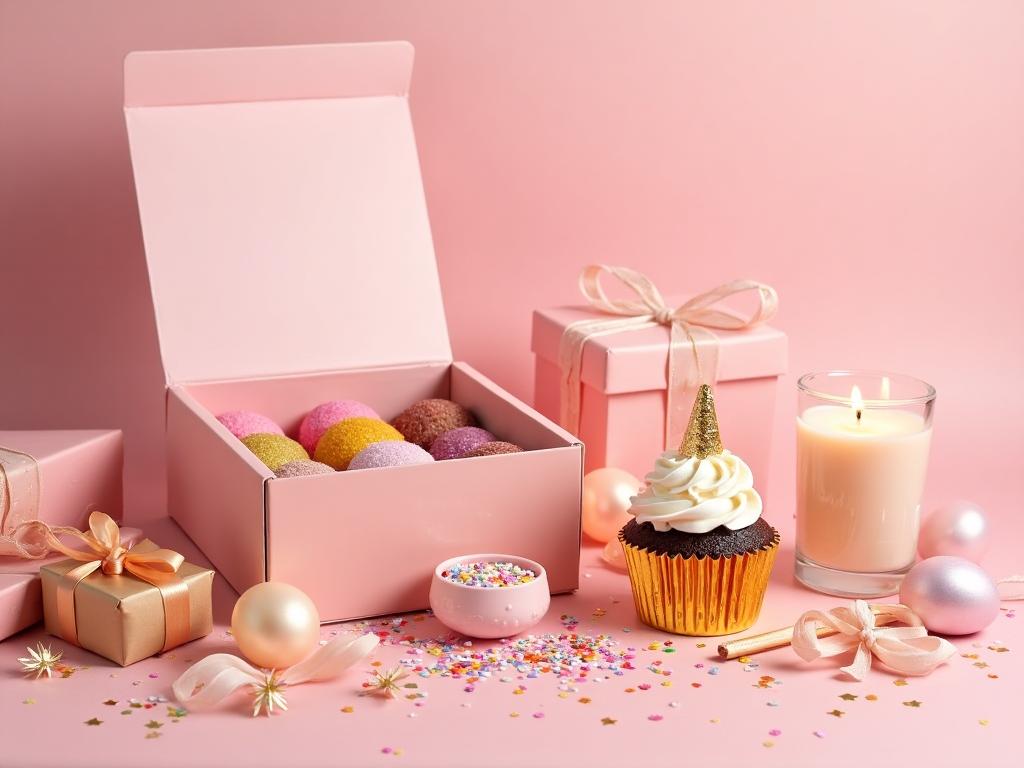 A beautifully curated birthday gift box with cupcakes, candles, and sprinkles