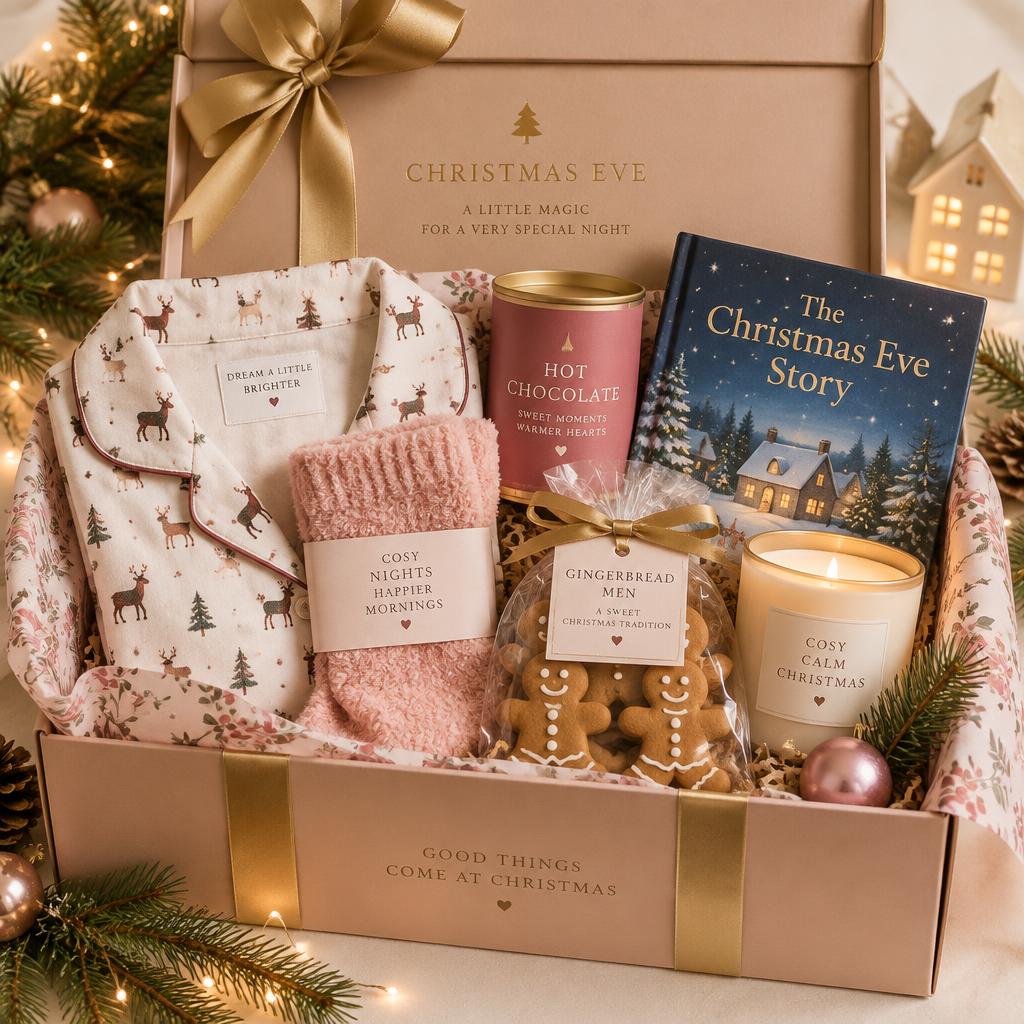 Christmas Eve gift box with pyjamas, hot chocolate, gingerbread men and a storybook