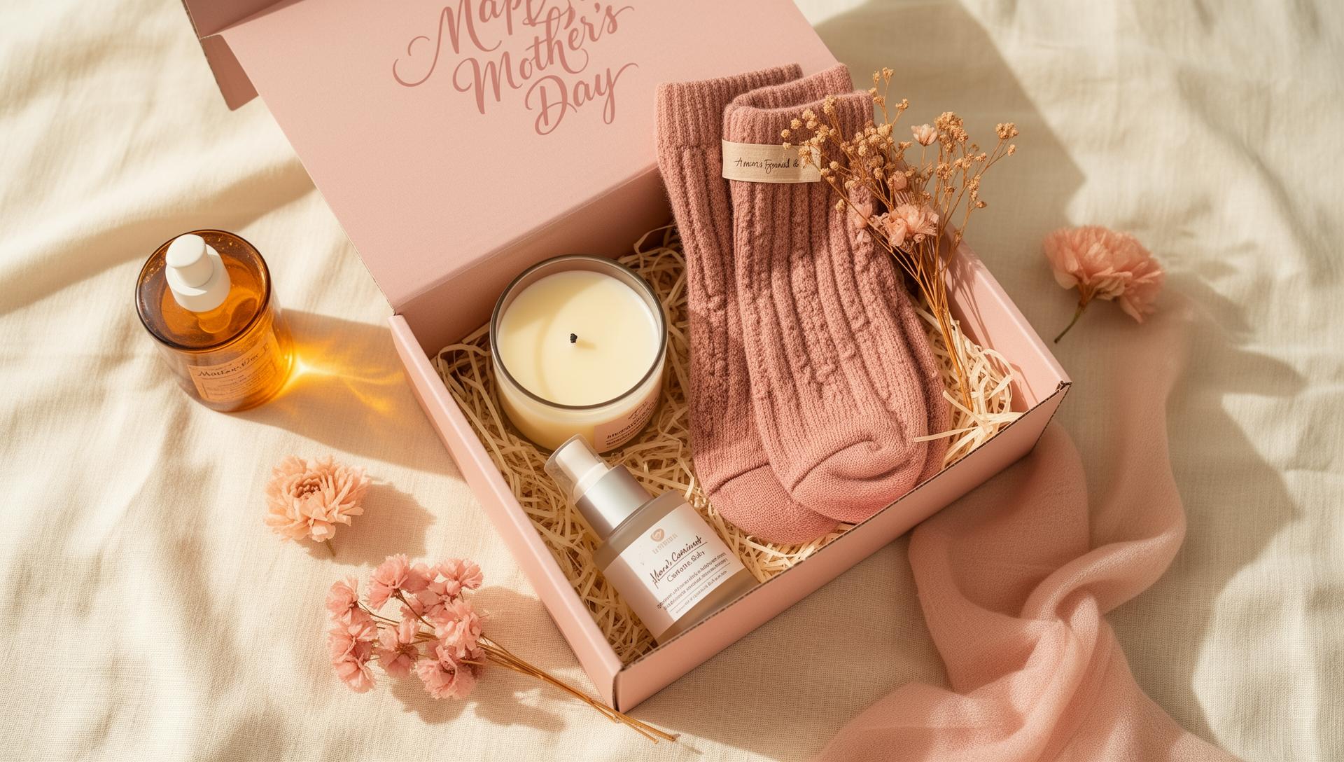 A beautifully curated Mother's Day gift box with candles, cosy socks, and skincare